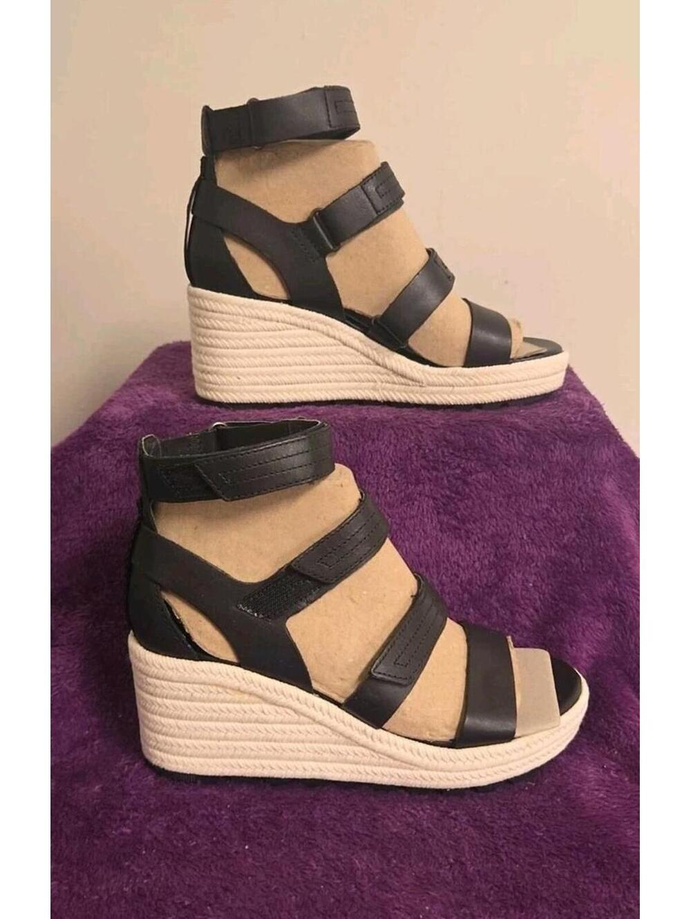 Sorel Cameron Espadrille Wedge Multi Strap Sandal Size 5.5 Black/Chalk NIB